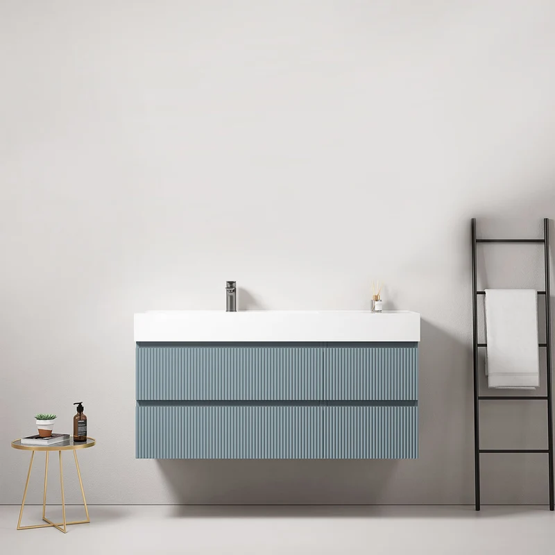 Mobile bagno sospeso cannettato 120 cm Blu Avio Lavabo a Sinistra in Resina Senza Specchio - Fiji Paint
