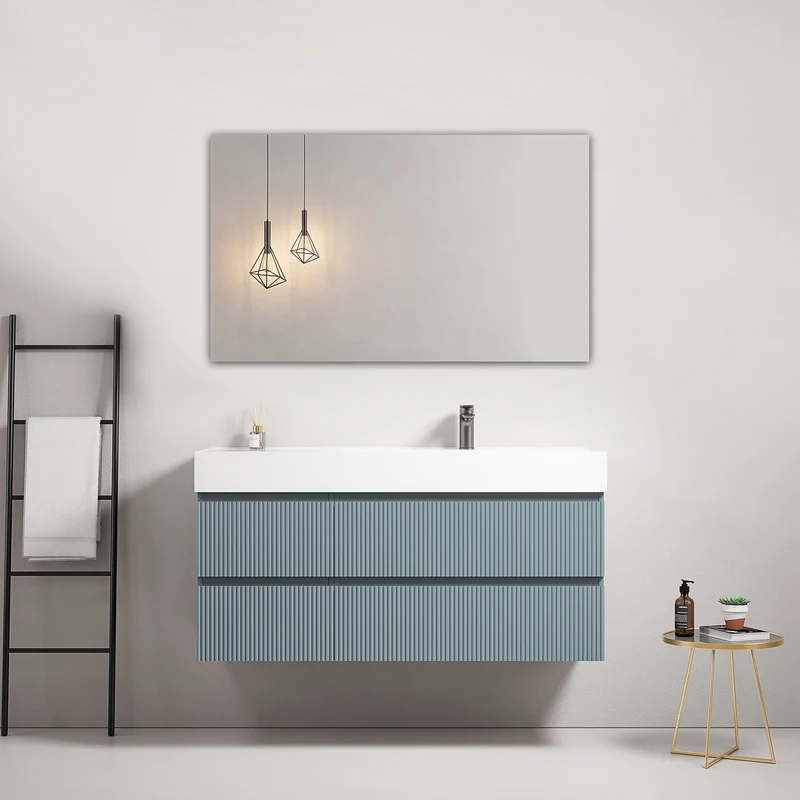Mobile bagno sospeso cannettato 120 cm Blu Avio Lavabo a Destra in Resina Specchio Quadro - Fiji Paint