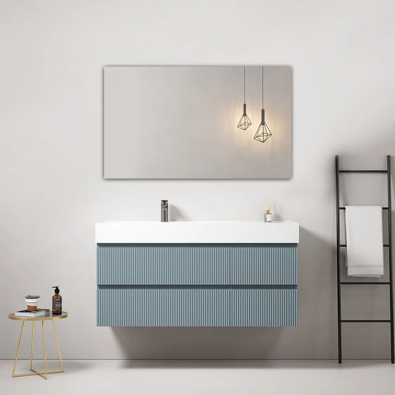 Mobile bagno sospeso cannettato 120 cm Blu Avio Lavabo a Sinistra in Resina Specchio Quadro - Fiji Paint