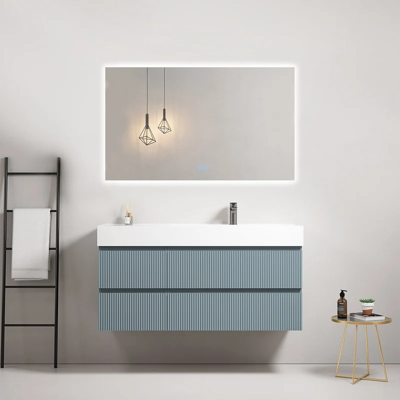 Mobile bagno sospeso cannettato 120 cm Blu Avio Lavabo a Destra in Resina Specchio Quadro Retroilluminato - Fiji Paint