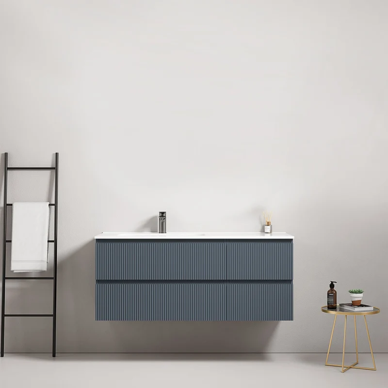 Mobile bagno sospeso cannettato 120 cm Blu Mare Lavabo a Sinistra in Ceramica Senza Specchio - Fiji Paint
