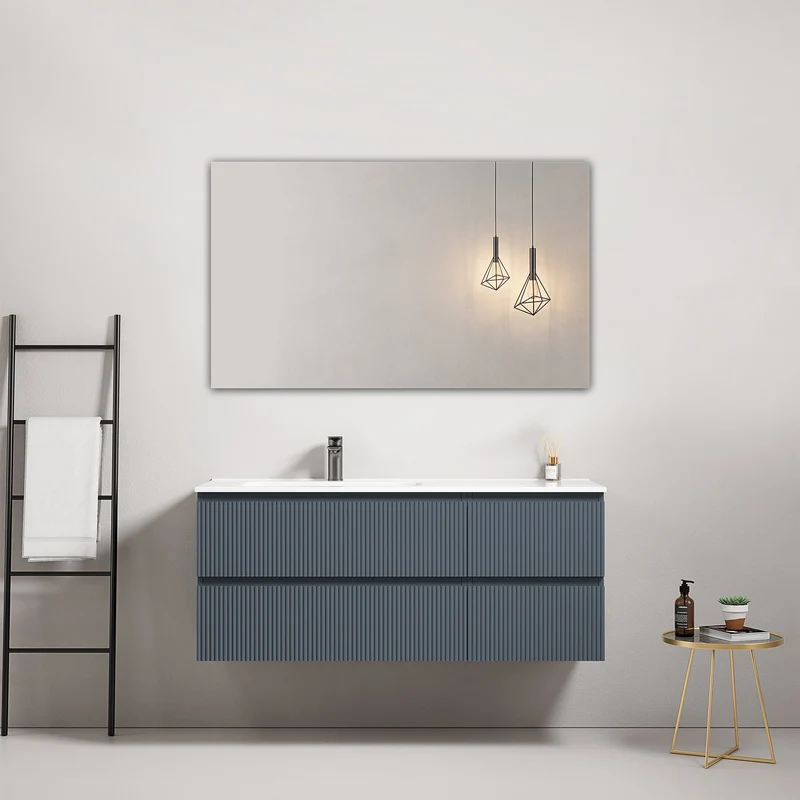 Mobile bagno sospeso cannettato 120 cm Blu Mare Lavabo a Sinistra in Ceramica Specchio Quadro - Fiji Paint