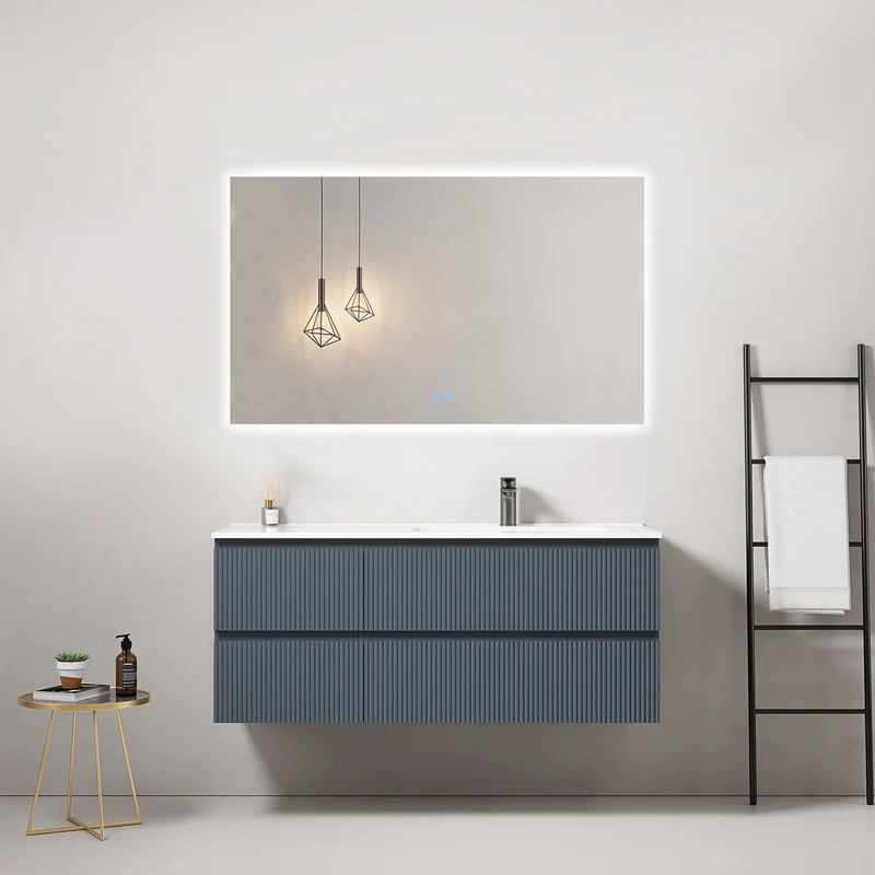 Mobile bagno sospeso cannettato 120 cm Blu Mare Lavabo a Destra in Ceramica Specchio Quadro Retroilluminato - Fiji Paint
