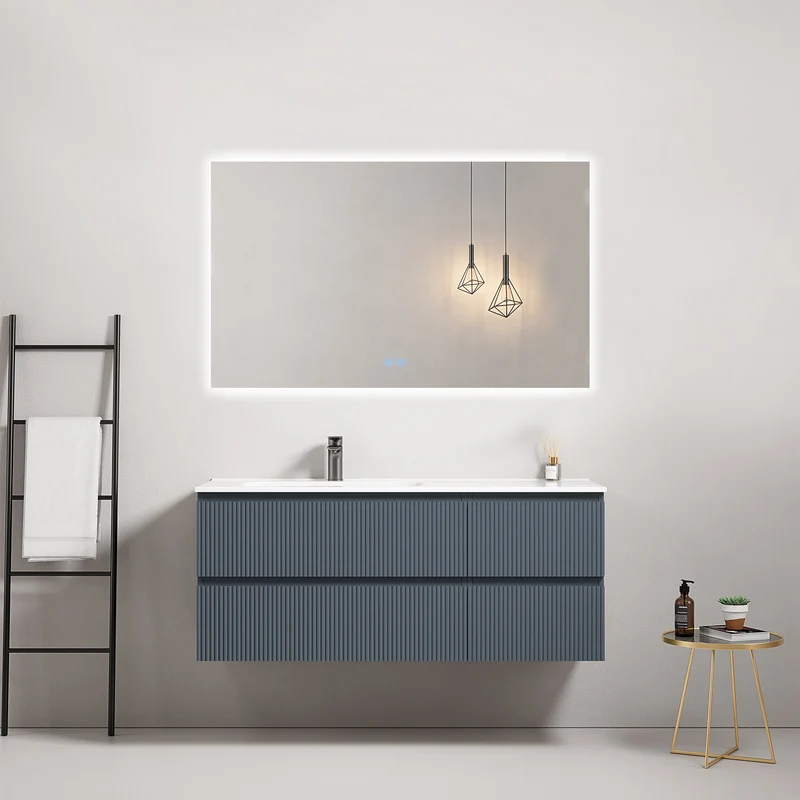 Mobile bagno sospeso cannettato 120 cm Blu Mare Lavabo a Sinistra in Ceramica Specchio Quadro Retroilluminato - Fiji Paint