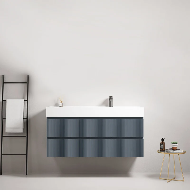 Mobile bagno sospeso cannettato 120 cm Blu Mare Lavabo a Destra in Resina Senza Specchio - Fiji Paint