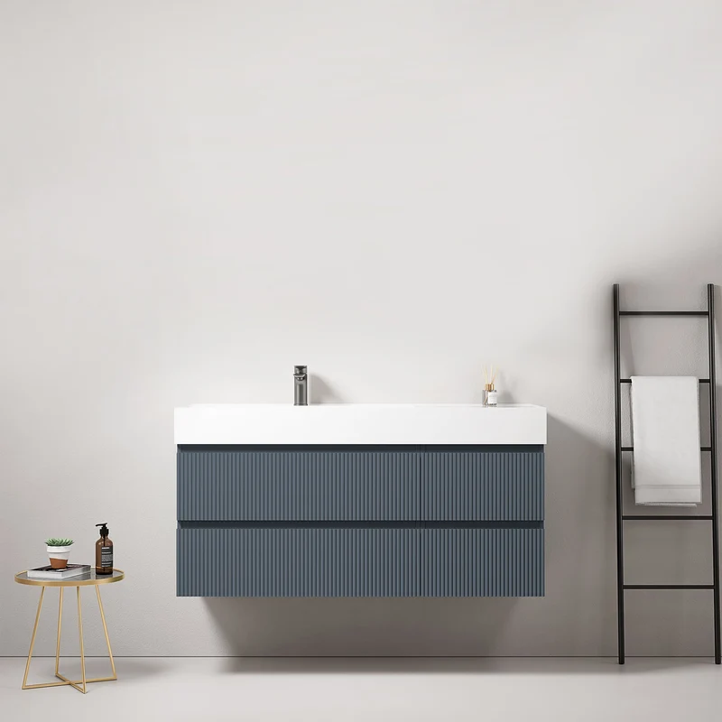 Mobile bagno sospeso cannettato 120 cm Blu Mare Lavabo a Sinistra in Resina Senza Specchio - Fiji Paint