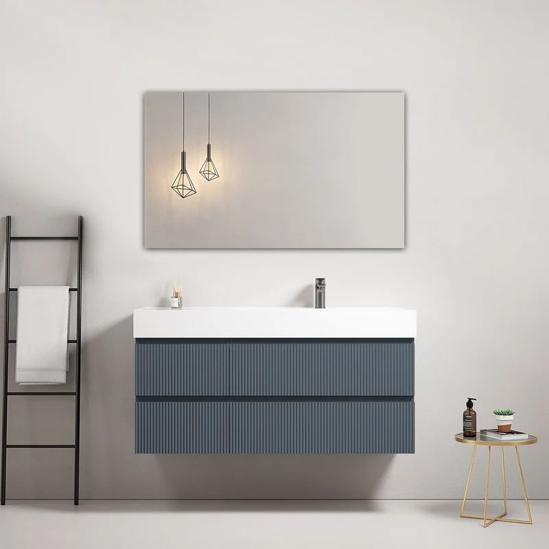 Mobile bagno sospeso cannettato 120 cm Blu Mare Lavabo a Destra in Resina Specchio Quadro - Fiji Paint