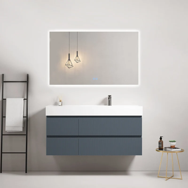 Mobile bagno sospeso cannettato 120 cm Blu Mare Lavabo a Destra in Resina Specchio Quadro Retroilluminato - Fiji Paint