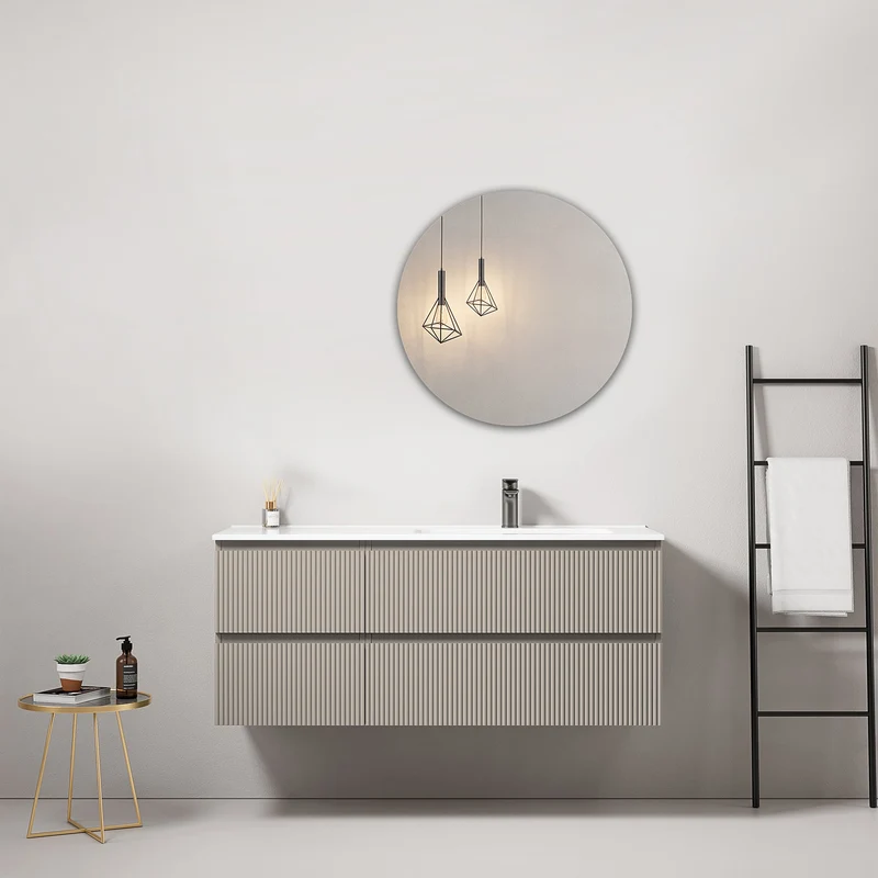Mobile bagno sospeso cannettato 120 cm Grigio Cenere Lavabo a Destra in Ceramica Specchio Tondo - Fiji Paint