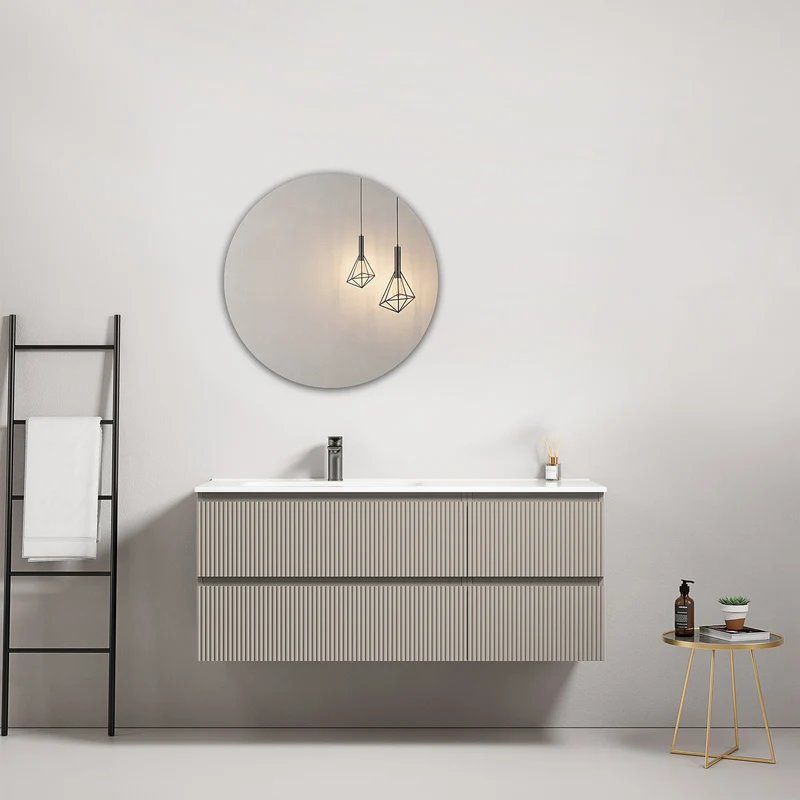 Mobile bagno sospeso cannettato 120 cm Grigio Cenere Lavabo a Sinistra in Ceramica Specchio Tondo - Fiji Paint