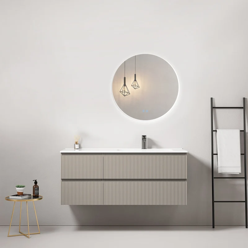 Mobile bagno sospeso cannettato 120 cm Grigio Cenere Lavabo a Destra in Ceramica Specchio Tondo Retroilluminato - Fiji Paint