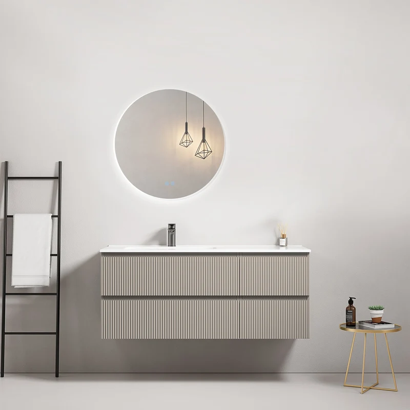 Mobile bagno sospeso cannettato 120 cm Grigio Cenere Lavabo a Sinistra in Ceramica Specchio Tondo Retroilluminato - Fiji Paint