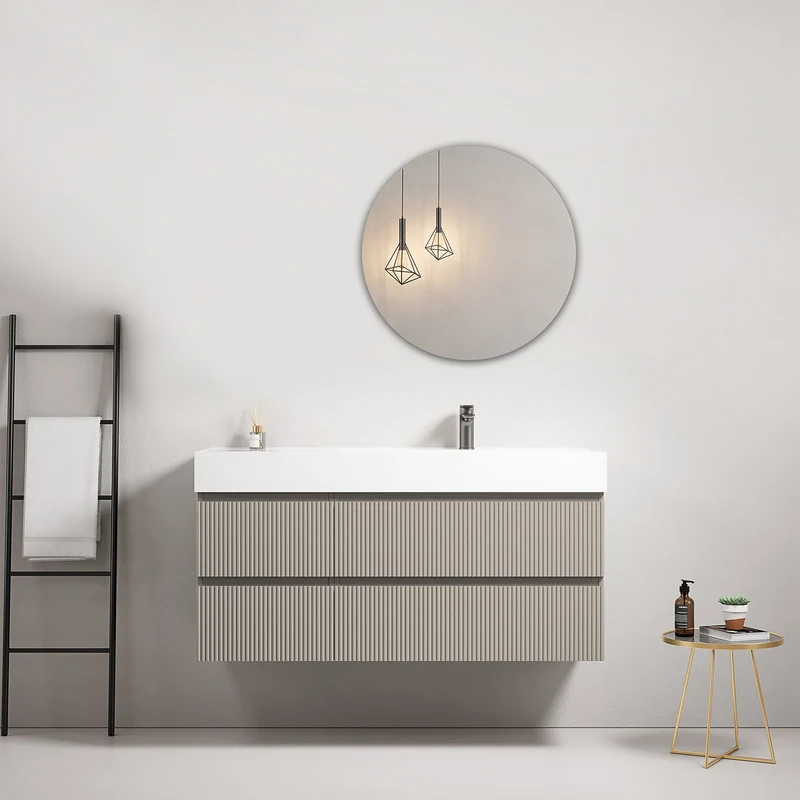 Mobile bagno sospeso cannettato 120 cm Grigio Cenere Lavabo a Destra in Resina Specchio Tondo - Fiji Paint