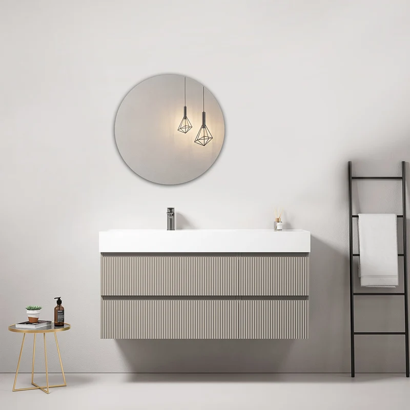 Mobile bagno sospeso cannettato 120 cm Grigio Cenere Lavabo a Sinistra in Resina Specchio Tondo - Fiji Paint