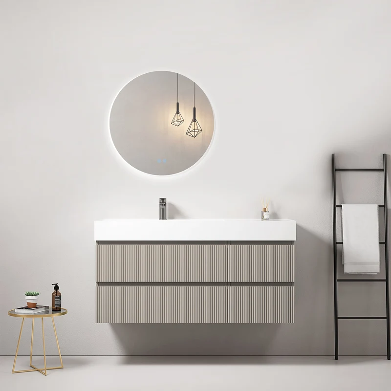 Mobile bagno sospeso cannettato 120 cm Grigio Cenere Lavabo a Sinistra in Resina Specchio Tondo Retroilluminato - Fiji Paint