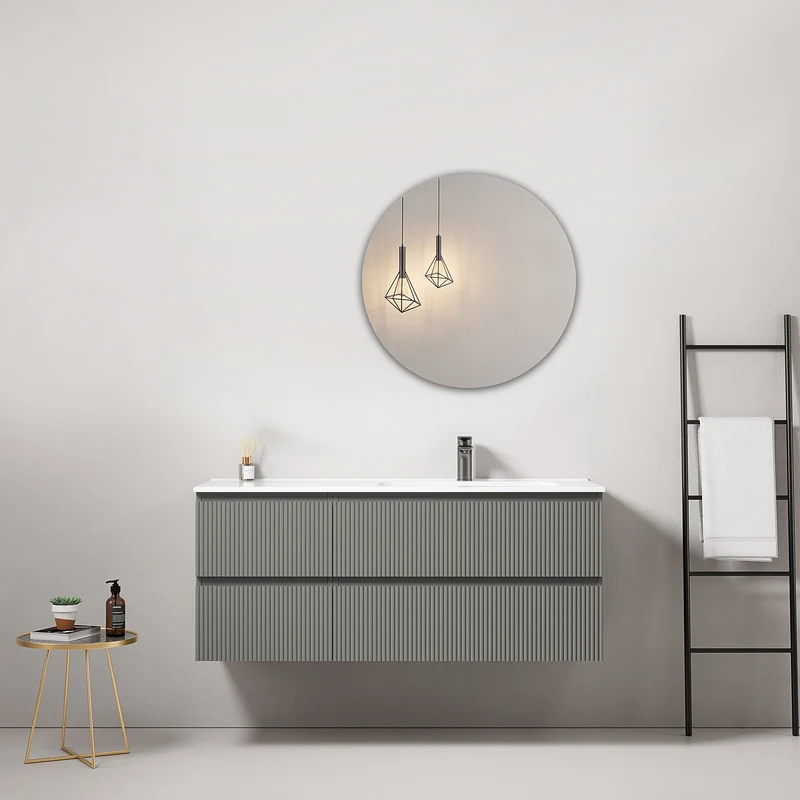 Mobile bagno sospeso cannettato 120 cm Grigio Londra Lavabo a Destra in Ceramica Specchio Tondo - Fiji Paint