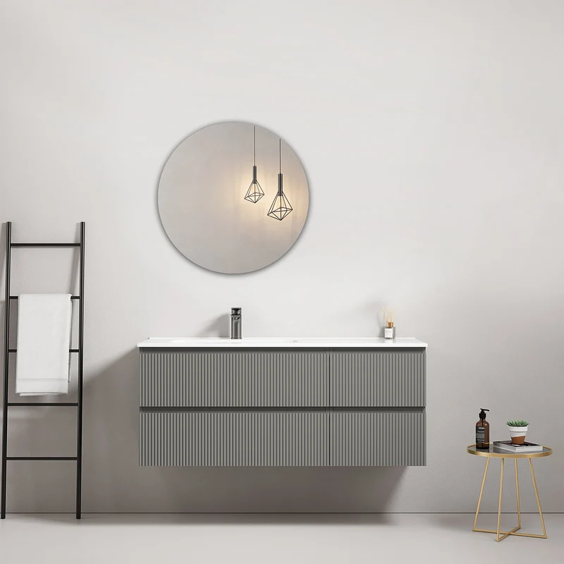 Mobile bagno sospeso cannettato 120 cm Grigio Londra Lavabo a Sinistra in Ceramica Specchio Tondo - Fiji Paint