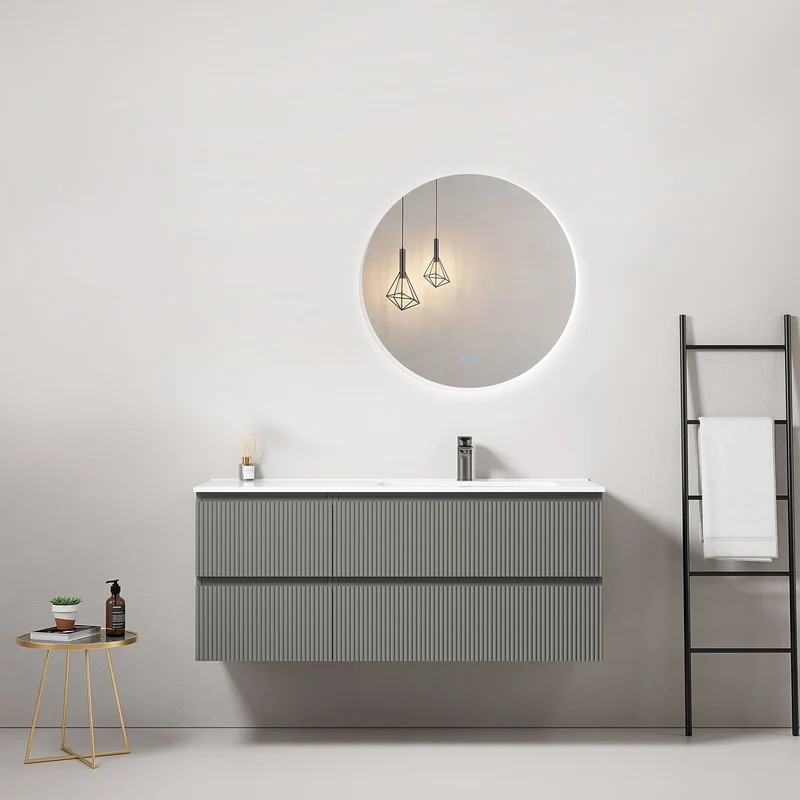 Mobile bagno sospeso cannettato 120 cm Grigio Londra Lavabo a Destra in Ceramica Specchio Tondo Retroilluminato - Fiji Paint