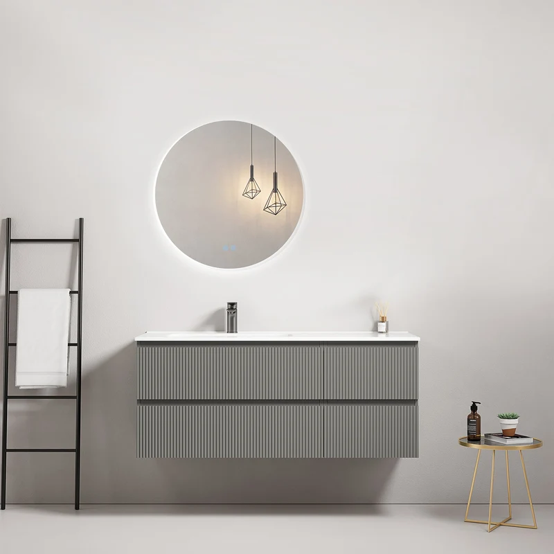 Mobile bagno sospeso cannettato 120 cm Grigio Londra Lavabo a Sinistra in Ceramica Specchio Tondo Retroilluminato - Fiji Paint