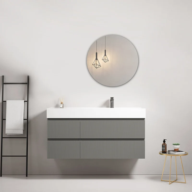 Mobile bagno sospeso cannettato 120 cm Grigio Londra Lavabo a Destra in Resina Specchio Tondo - Fiji Paint