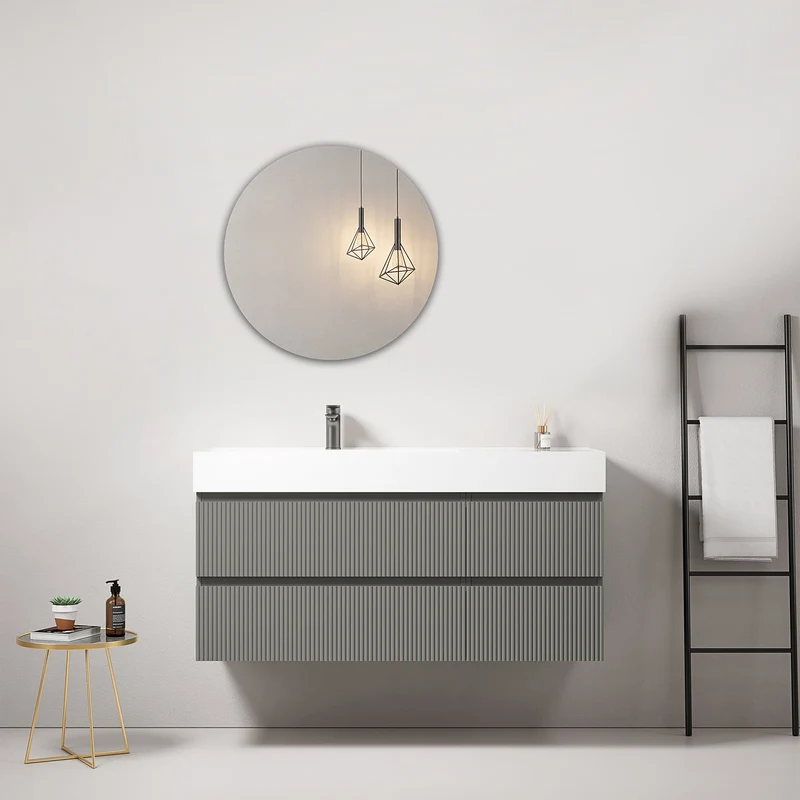 Mobile bagno sospeso cannettato 120 cm Grigio Londra Lavabo a Sinistra in Resina Specchio Tondo - Fiji Paint