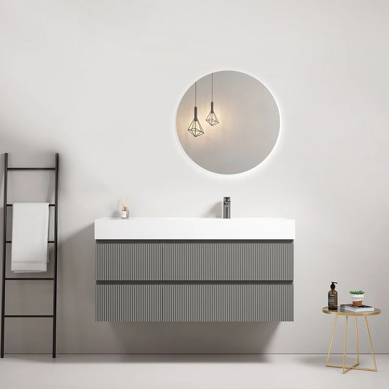 Mobile bagno sospeso cannettato 120 cm Grigio Londra Lavabo a Destra in Resina Specchio Tondo Retroilluminato - Fiji Paint