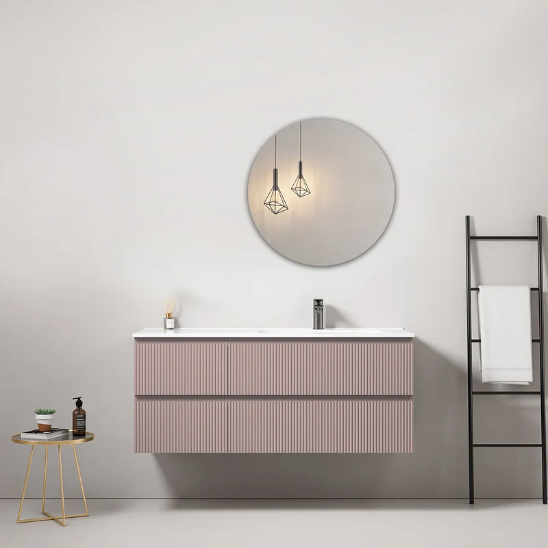 Mobile bagno sospeso cannettato 120 cm Rosa Retro Lavabo a Destra in Ceramica Specchio Tondo - Fiji Paint
