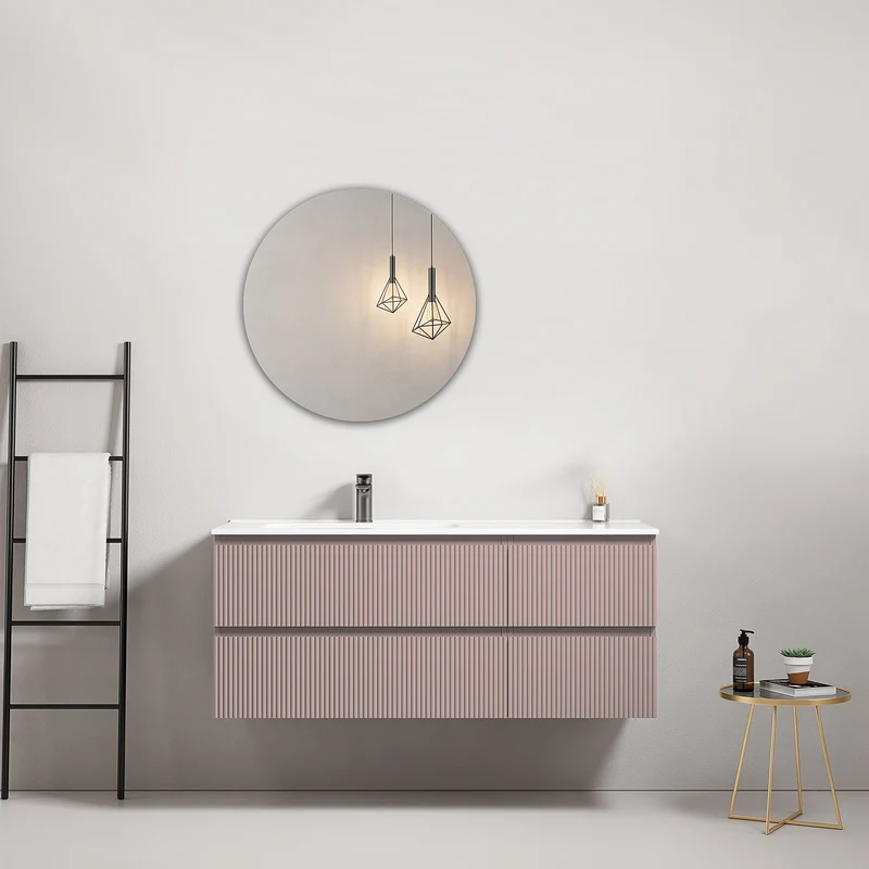 Mobile bagno sospeso cannettato 120 cm Rosa Retro Lavabo a Sinistra in Ceramica Specchio Tondo - Fiji Paint