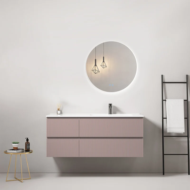 Mobile bagno sospeso cannettato 120 cm Rosa Retro Lavabo a Destra in Ceramica Specchio Tondo Retroilluminato - Fiji Paint