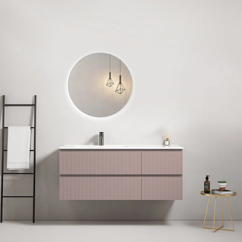 Mobile bagno sospeso cannettato 120 cm Rosa Retro Lavabo a Sinistra in Ceramica Specchio Tondo Retroilluminato - Fiji Paint