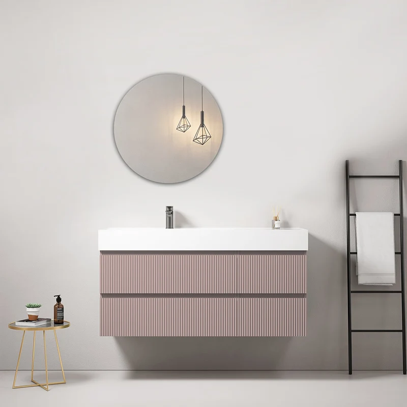 Mobile bagno sospeso cannettato 120 cm Rosa Retro Lavabo a Sinistra in Resina Specchio Tondo - Fiji Paint