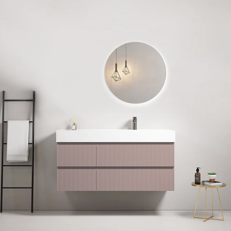Mobile bagno sospeso cannettato 120 cm Rosa Retro Lavabo a Destra in Resina Specchio Tondo Retroilluminato - Fiji Paint