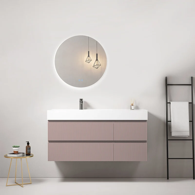 Mobile bagno sospeso cannettato 120 cm Rosa Retro Lavabo a Sinistra in Resina Specchio Tondo Retroilluminato - Fiji Paint