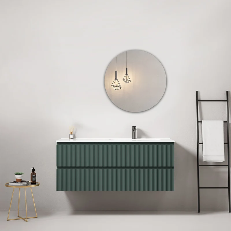 Mobile bagno sospeso cannettato 120 cm Verde Comodoro Lavabo a Destra in Ceramica Specchio Tondo - Fiji Paint