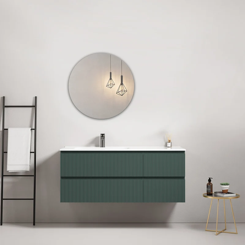 Mobile bagno sospeso cannettato 120 cm Verde Comodoro Lavabo a Sinistra in Ceramica Specchio Tondo - Fiji Paint