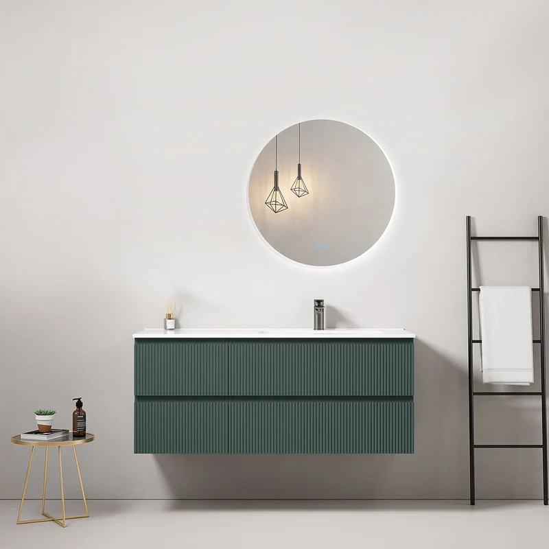 Mobile bagno sospeso cannettato 120 cm Verde Comodoro Lavabo a Destra in Ceramica Specchio Tondo Retroilluminato - Fiji Paint