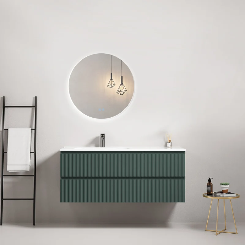 Mobile bagno sospeso cannettato 120 cm Verde Comodoro Lavabo a Sinistra in Ceramica Specchio Tondo Retroilluminato - Fiji Paint