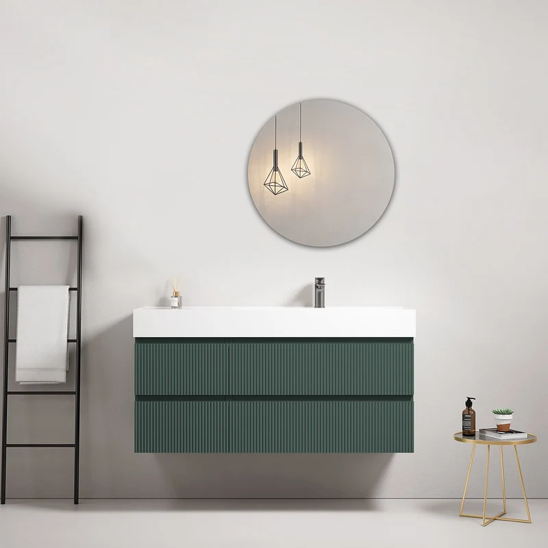 Mobile bagno sospeso cannettato 120 cm Verde Comodoro Lavabo a Destra in Resina Specchio Tondo - Fiji Paint