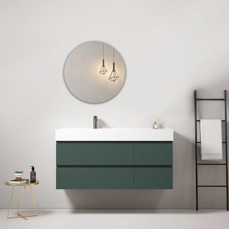 Mobile bagno sospeso cannettato 120 cm Verde Comodoro Lavabo a Sinistra in Resina Specchio Tondo - Fiji Paint