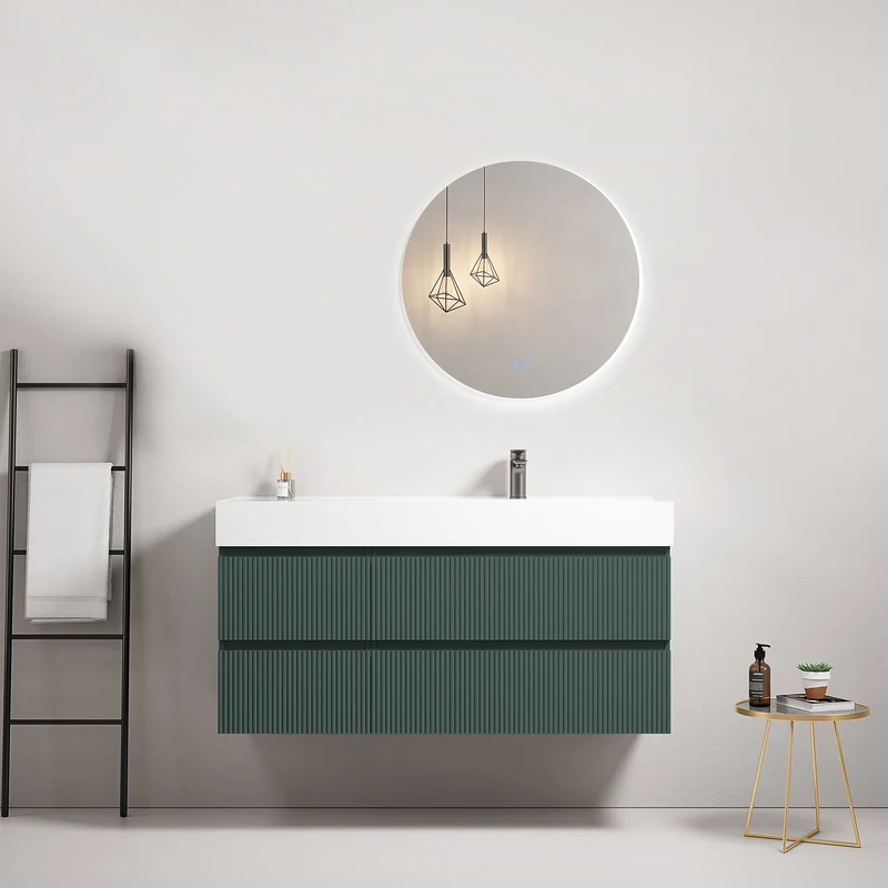 Mobile bagno sospeso cannettato 120 cm Verde Comodoro Lavabo a Destra in Resina Specchio Tondo Retroilluminato - Fiji Paint