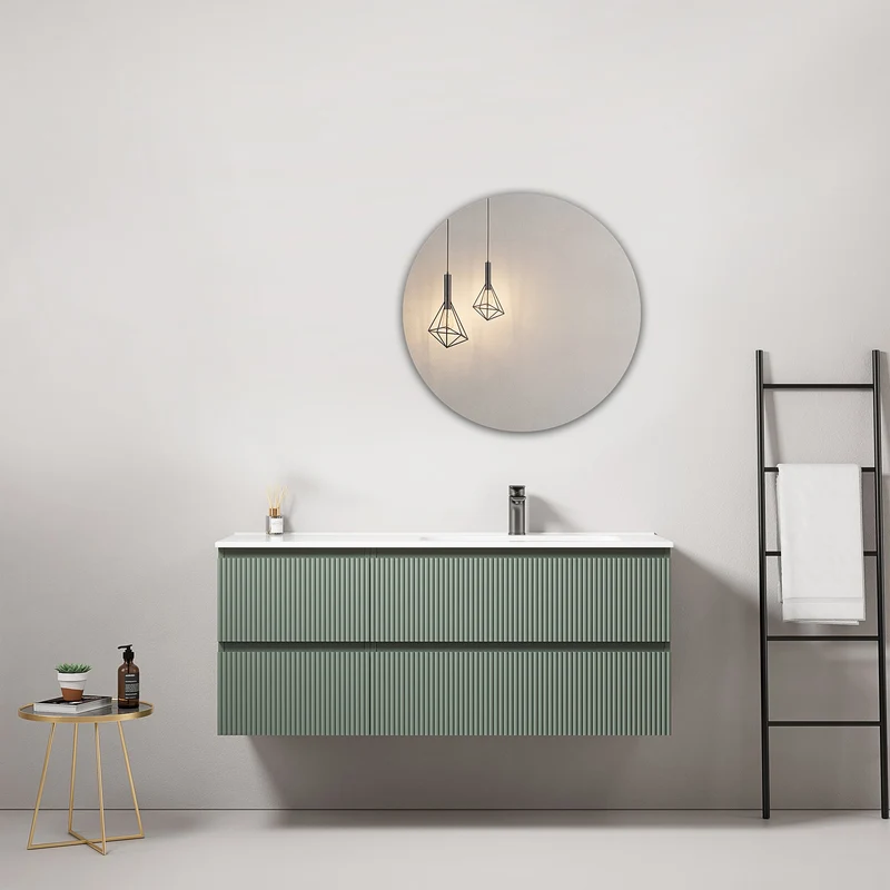 Mobile bagno sospeso cannettato 120 cm Verde Salvia Lavabo a Destra in Ceramica Specchio Tondo - Fiji Paint
