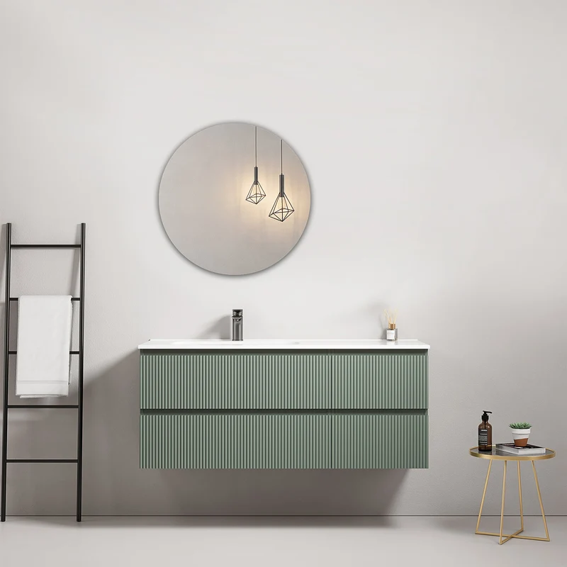 Mobile bagno sospeso cannettato 120 cm Verde Salvia Lavabo a Sinistra in Ceramica Specchio Tondo - Fiji Paint