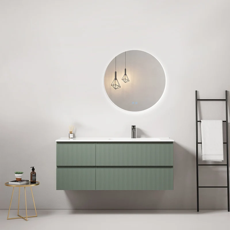 Mobile bagno sospeso cannettato 120 cm Verde Salvia Lavabo a Destra in Ceramica Specchio Tondo Retroilluminato - Fiji Paint