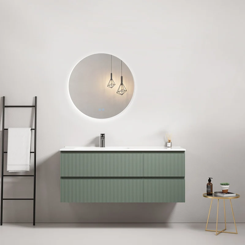 Mobile bagno sospeso cannettato 120 cm Verde Salvia Lavabo a Sinistra in Ceramica Specchio Tondo Retroilluminato - Fiji Paint