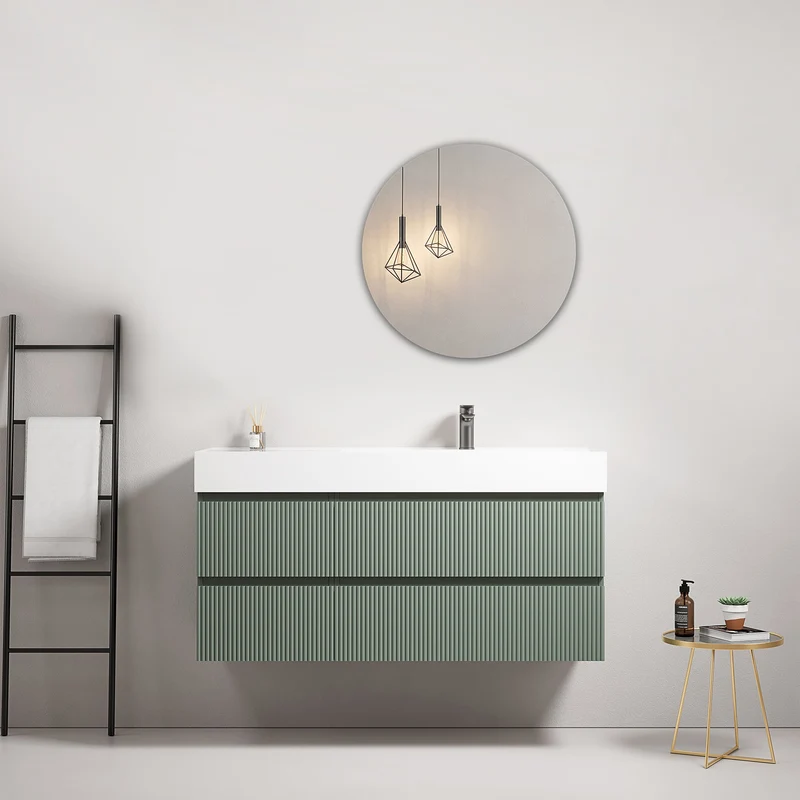 Mobile bagno sospeso cannettato 120 cm Verde Salvia Lavabo a Destra in Resina Specchio Tondo - Fiji Paint