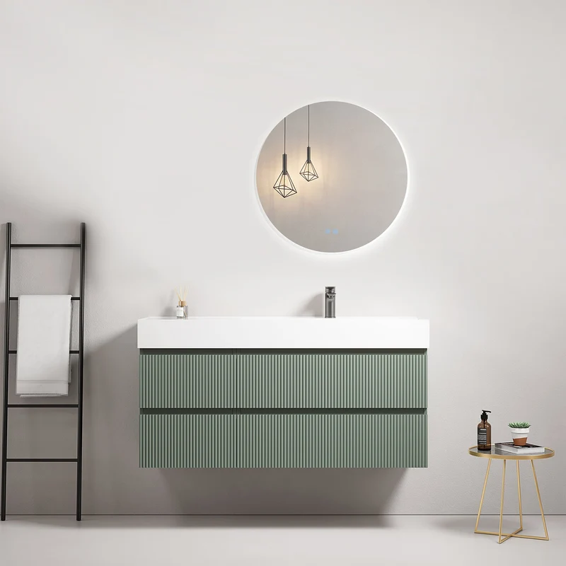Mobile bagno sospeso cannettato 120 cm Verde Salvia Lavabo a Destra in Resina Specchio Tondo Retroilluminato - Fiji Paint