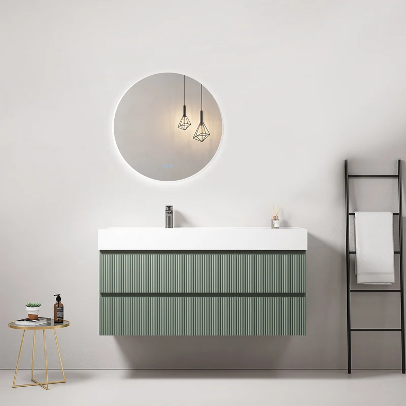 Mobile bagno sospeso cannettato 120 cm Verde Salvia Lavabo a Sinistra in Resina Specchio Tondo Retroilluminato - Fiji Paint