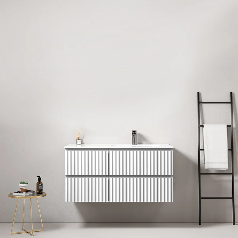 Mobile bagno sospeso cannettato 100 cm Bianco Lavabo a Destra in Ceramica Senza Specchio - Fiji Paint