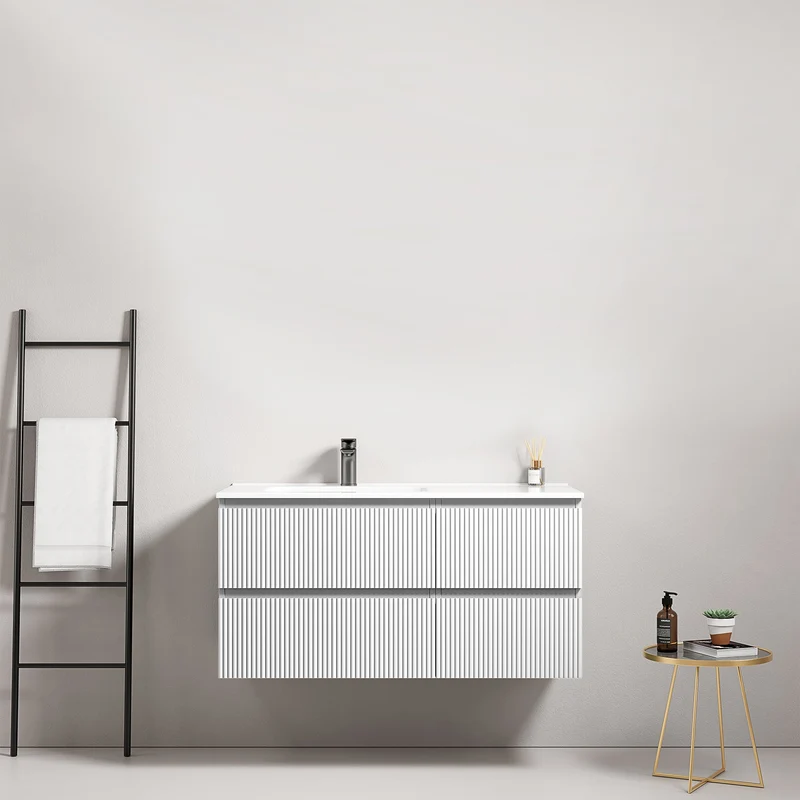Mobile bagno sospeso cannettato 100 cm Bianco Lavabo a Sinistra in Ceramica Senza Specchio - Fiji Paint