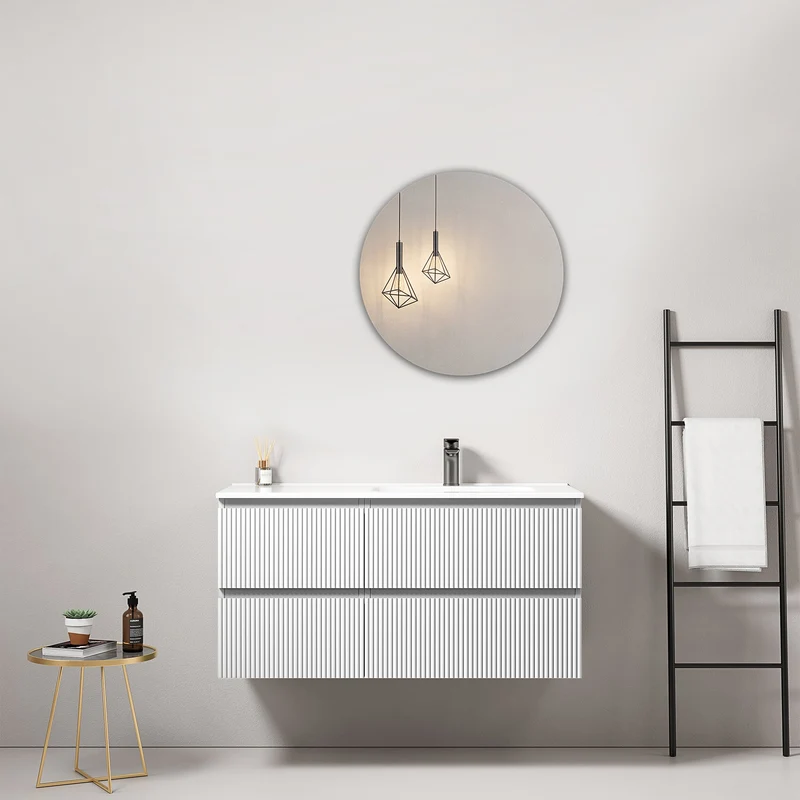 Mobile bagno sospeso cannettato 100 cm Bianco Lavabo a Destra in Ceramica Specchio Tondo - Fiji Paint